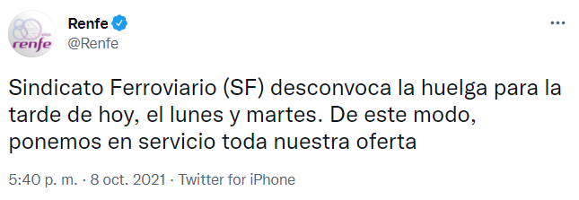 Tuit Renfe desconvocando vaga