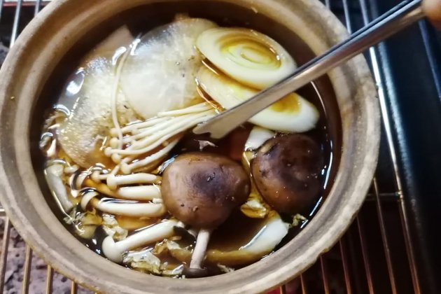 Brou d'ànec amb fideus Udon gruixuts