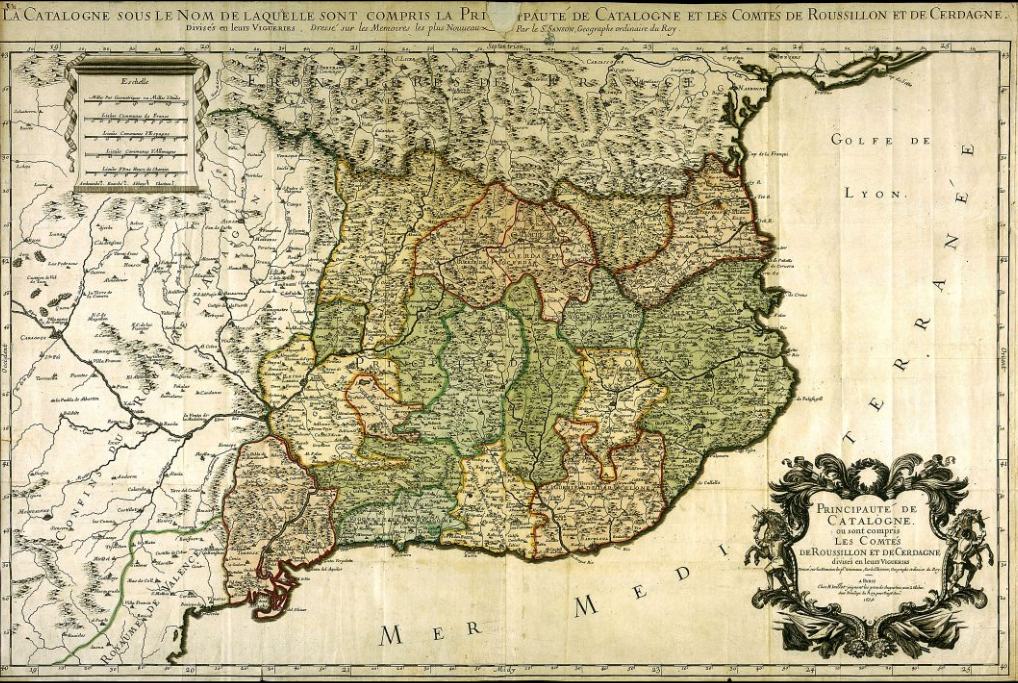 Mapa titulat Catalunya sota el nom de la qual son compresos el Principat i els comtats de Rosselló i Cerdanya (1674). Font Bibliothèque Nationale de France