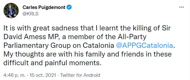 Puigdemont lamenta muerte Amess