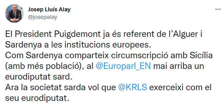 TUIT Josep Lluis Puigdemont representa cerdeña