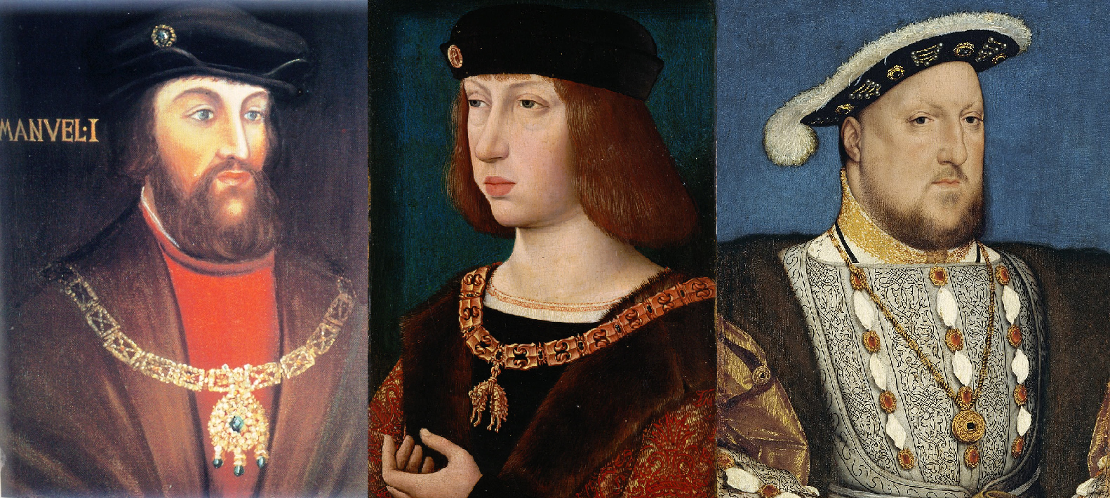 Los tres yernos de Ferran el Católico. Manuel de Portugal, Felipe de Castilla y Enric de Inglaterra. Fuente Museos de Lisboa, de Viena y Tyssen de Madrid