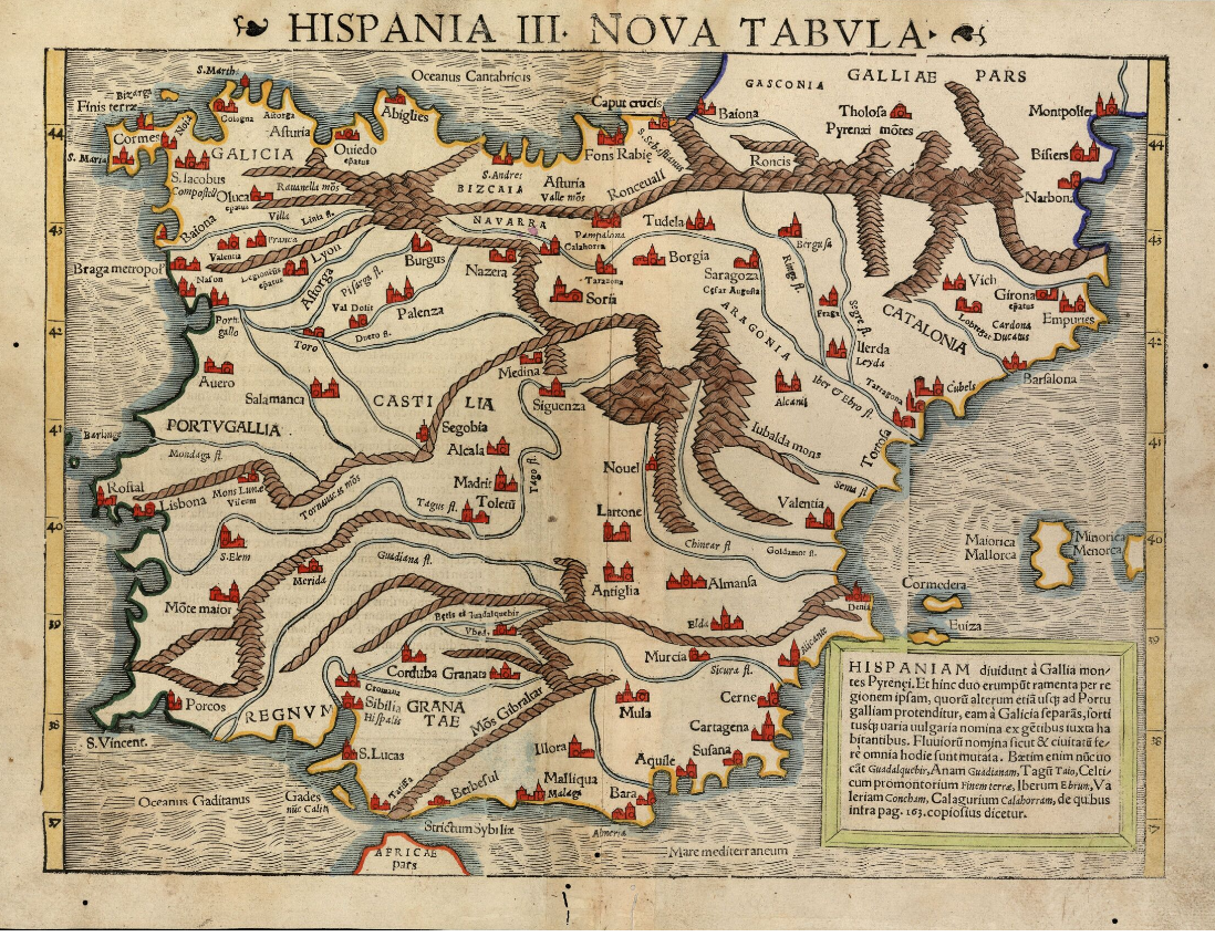 Mapa de la península ibérica con los estados que formaban la monarquía hispánica (1542). Fuente Cartoteca de Catalunya