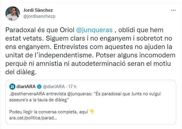 tuit jordi sanchez respuesta oropéndola junqueras