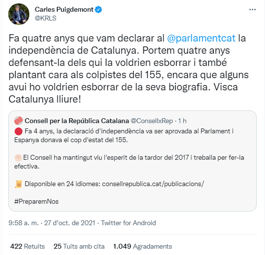 tuit puigdemont 27 O declaracio unilateral de la independencia