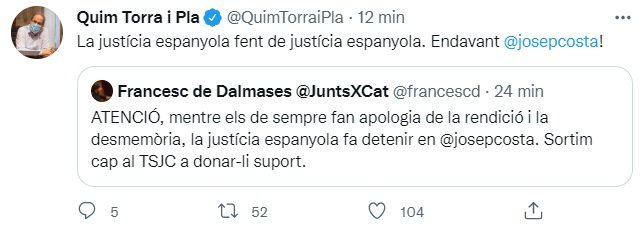 TUIT Quim Torra Josep Costa TUIT Quim Torra Josep Costa