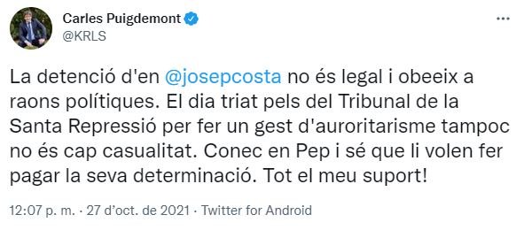 TUIT Carles Puigdemont detención de Josep Costa