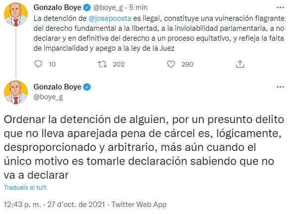 TUIT Gonzalo Boye detención de Josep Costa TUIT Gonzalo Boye detención de Josep Costa