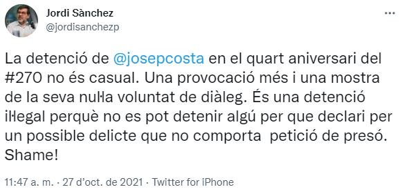 TUIT Jordi Sànchez detención Josep Costa TUIT Jordi Sànchez detención Josep Costa