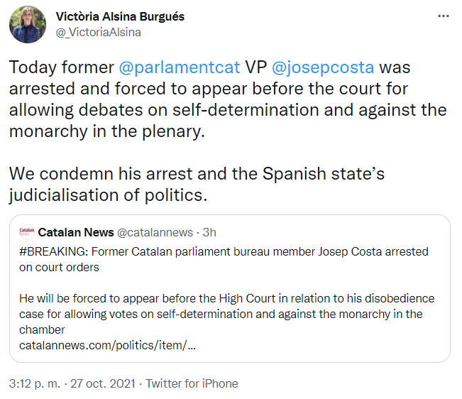 TUIT VICTORIA ALSINA JOSEP COSTA DETENCIÓN TUIT VICTORIA ALSINA JOSEP COSTA DETENCIÓN