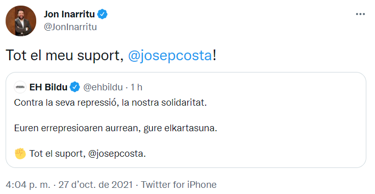 Tuit Jon Iñarritu Detención Josep Costa Tuit Jon Iñarritu Detención Josep Costa
