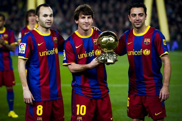 Xavi Hernandez Iniesta Messi Balon Oro Barca FC Barcelona Xavi Hernandez Iniesta Messi Balon Oro Barca FC Barcelona