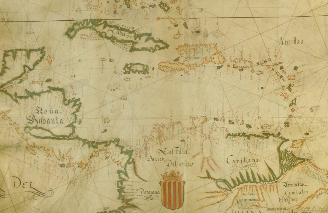 Fragment d'un mapa neerlandès cartografiat per Jan Dirckx (1599). Les costes del Carib. Font Bibliothèque Nationale de France