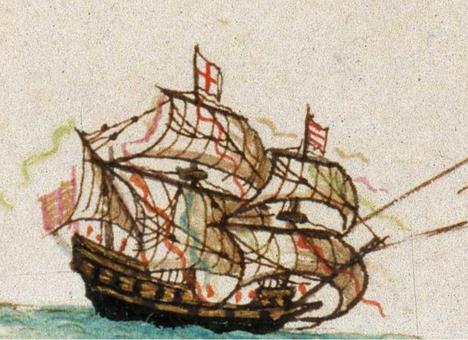 Barco de la East Indian Company. El pabellón de popa|pope y del segundo palo de la EIC podría estar inspirado en la bandera catalana. Fuente Bibliothèque Nationale de France