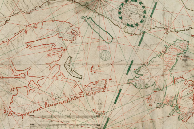 Mapa de las costas de Terranova, en vasco y en francés, cartografiado por Pierre Detcheuerry (1689). Fuente Bibliothèque Nationale de France