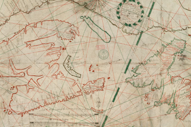 Mapa de les costes de Terranova, en basc i en francès, cartografiat per Pierre Detcheuerry (1689). Font Bibliothèque Nationale de France