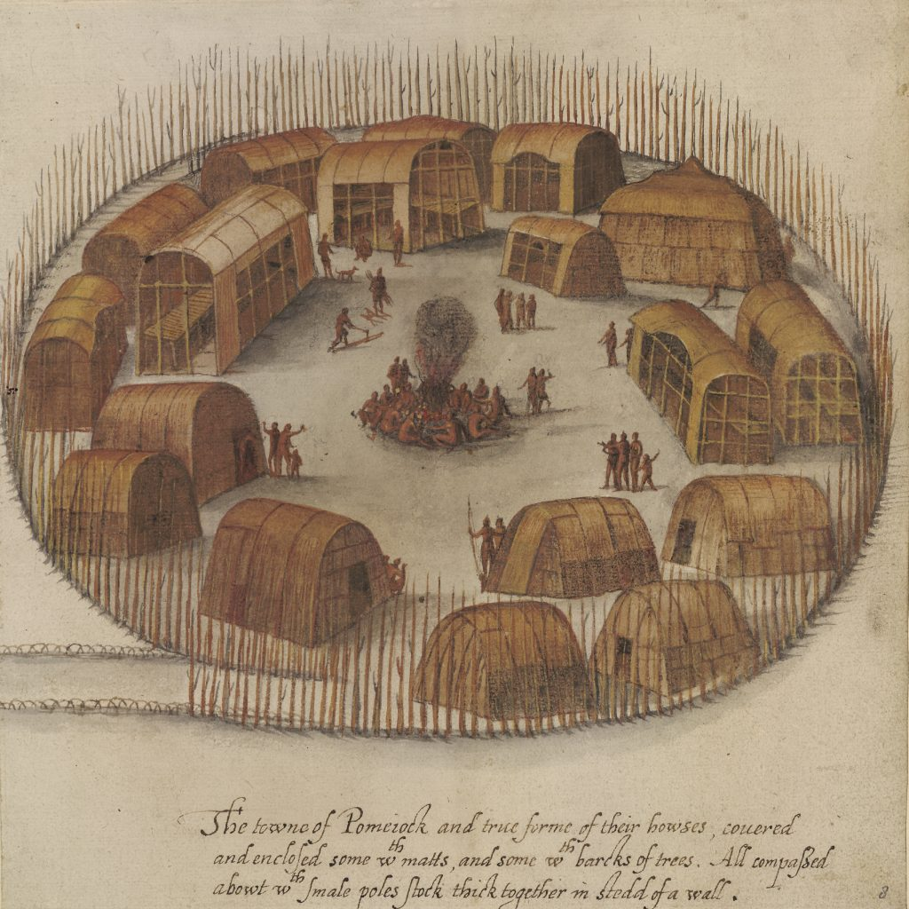 Representació del poblado indígena de los Pomeiock (1590), obra de John White. Fuente British Museum. Londres