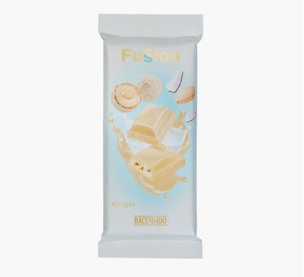 Xocolata blanca Fussion farcida amb cremós de coco i ametlles trossejades d'Hacendado a la venda a Mercadona