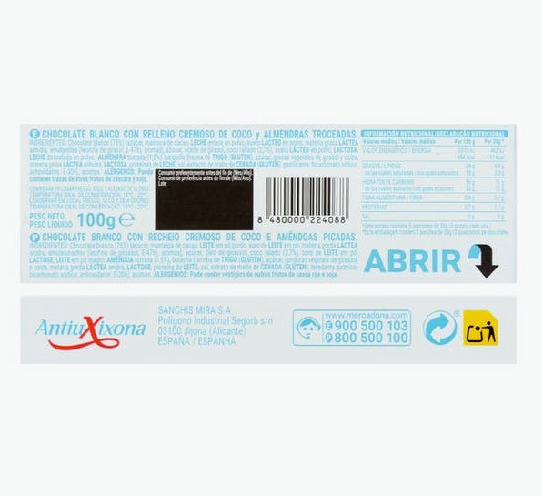 Xocolata blanca Hisendat fussion farcida amb cremós de coco i ametlles trossejades d'Hacendado a la venda a Mercadona