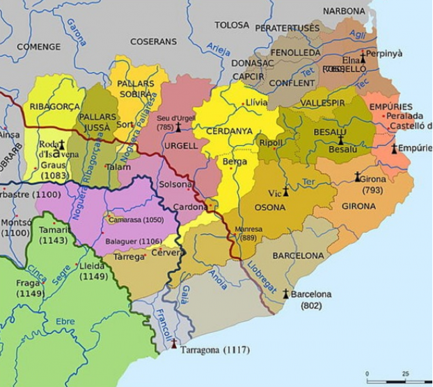 Mapa de l'evolució dels comtats catalans (segles IX a XII. Font Enciclopedia