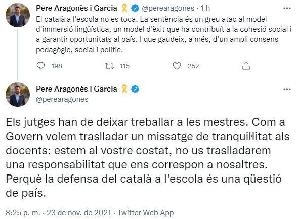 TUIT Pere Aragonès imposición castellano