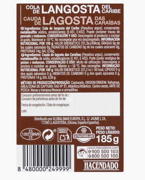 Cola de langosta ultracongelada de Hacendado al venta en Mercadona