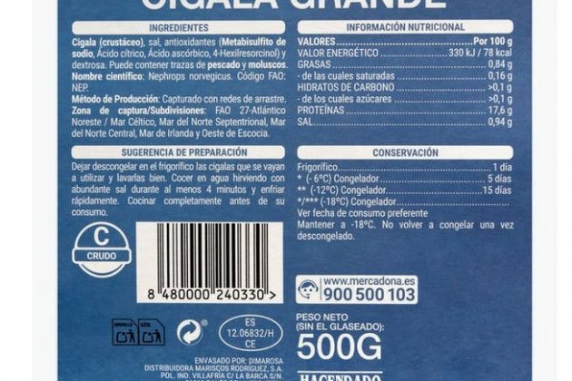 Cigala grande de Hacendado a la venta en Mercadona