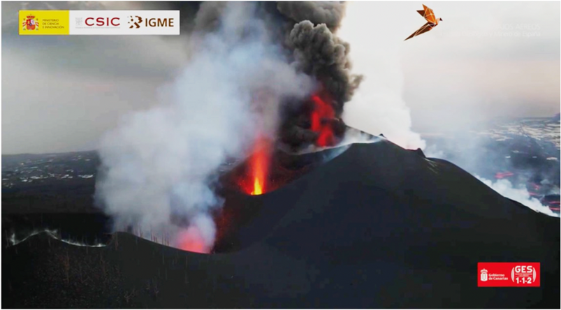 Imatge de l’erupció del Cumbre Vieja, extreta d’una gravació realitzada mitjançant drons del Servicio de Trabajos Aéreos (STA) de l’IGME CSIC (Instituto Geológico y Minero de España)