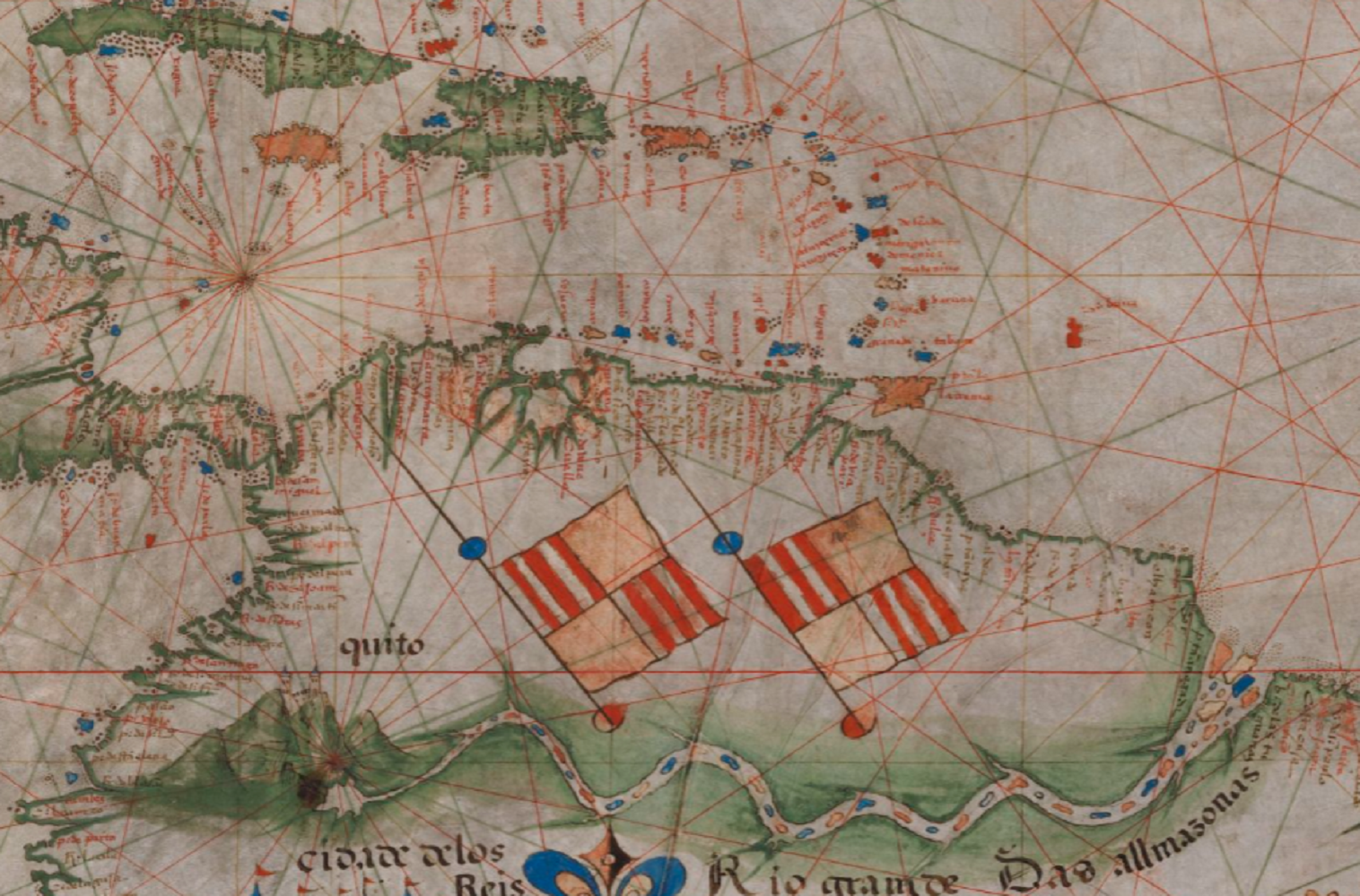 Fragment d'una carta de navegació portuguesa (1550) obra del cartograf Jorge Reinel. Font Bibliothèque Nationale de France