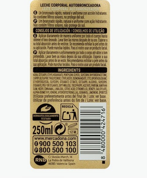 Leche corporal autobronceadora de Deliplus a la venta en Mercadona