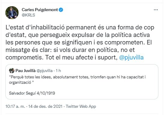 TUIT puigdemont sentencia paz juvillà