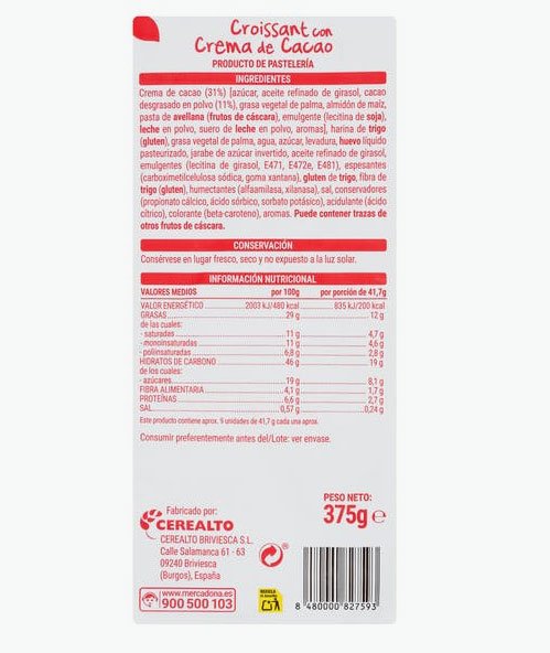 Croissants de crema de cacau d'Hacendado a la venda a Mercadona