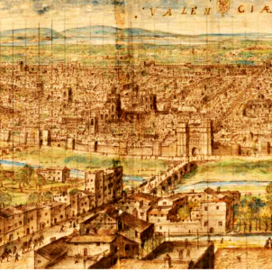 S'inicia la construcció de la Llotja de la Seda de València. Gravat de València (segle XVI). Font Blog Quina la fem
