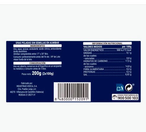 Uvas peladas y sin semllias de Hacendado a la venta en Mercadona