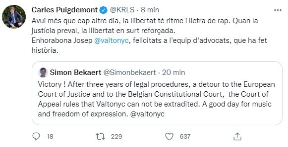 TUIT Puigdemont Valtonyc extradicio