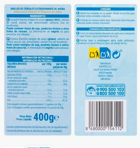 Cereales Avena Crunchy Hacendado 85% avena integral y bajo contenido en azúcar