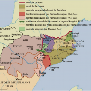 Ramon Berenguer IV talla la sortida d'Aragó al mar. Mapa modern de la unió dinàstica Barcelona Aragó. Font Enciclopèdia