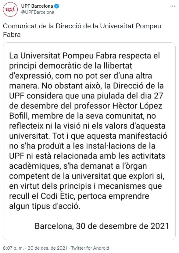 TUIT UPF sobre Hèctor López Bofill