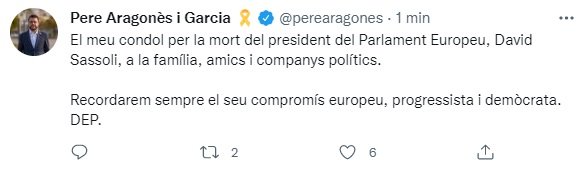 TUIT pere aragonès muerte sassoli