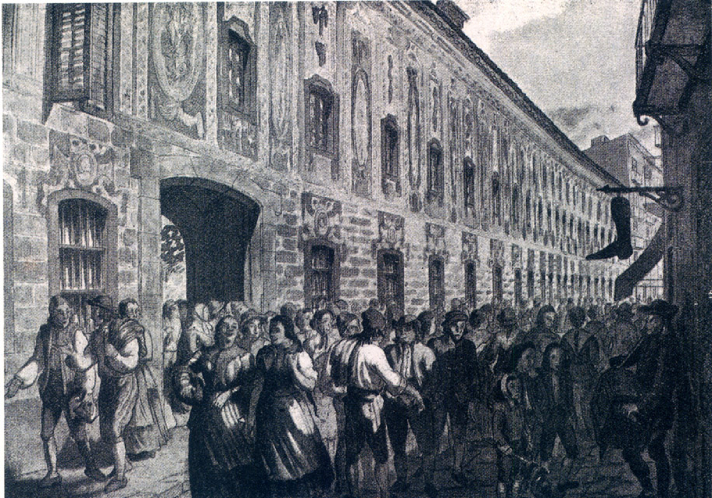 Clases populares catalanas a la salida de la fábrica (siglo XVIII). Fuente Enciclopedia