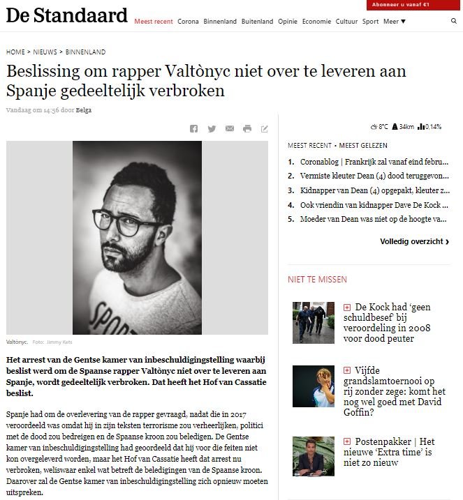 De Staandard, sobre Valtònyc Captura de pantalla