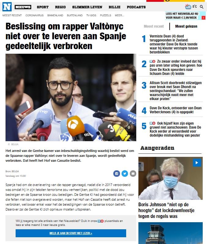 Het Nieuwsblad sobre Valtònyc Captura de pantalla