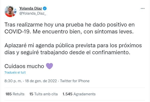 TUIT yolanda díaz contagio covid 19