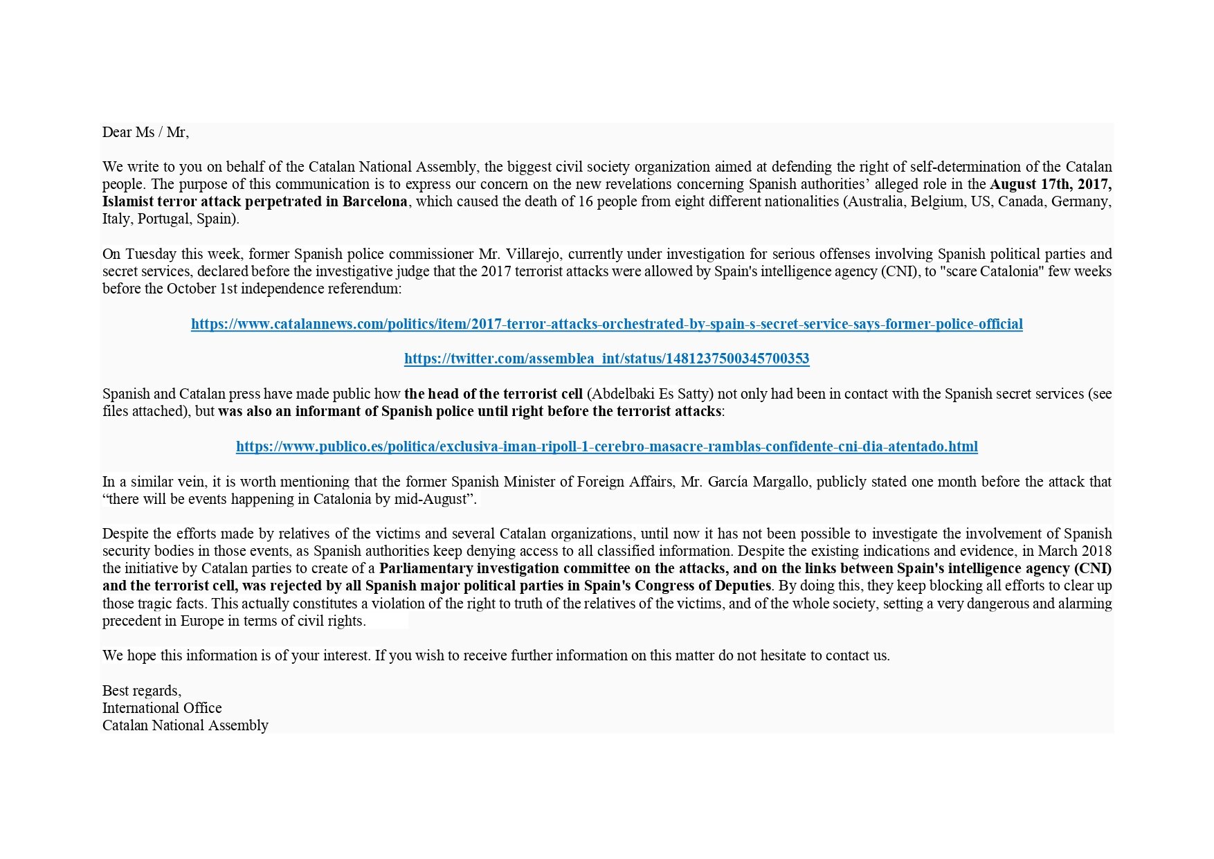 Carta de la ANC al Parlamento Europeo y Consejo de Europa sobre 17 A   ANC