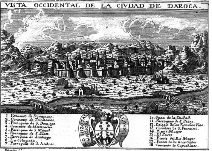 Grabado de Daroca (1779), obra de Palomino. Fuente Biblioteca Nacional Hispánica