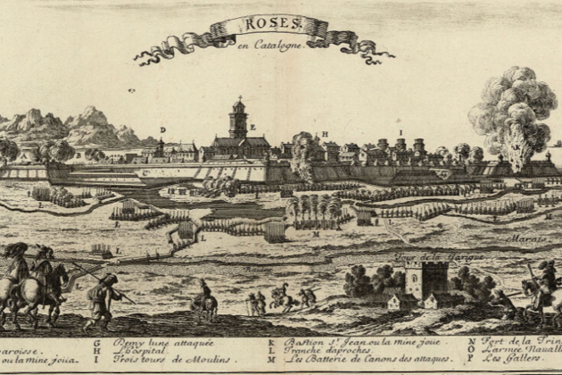 Representación de Roses (1647), obra de Beaulieu. Fuente Cartoteca de Catalunya