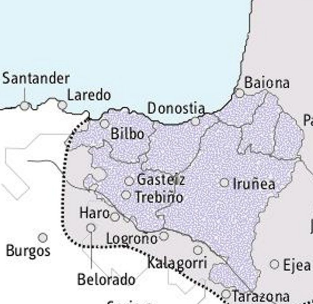 Mapa de l'expansió basca a la vall alta de l'Ebre durant l'Alta Edat Mitjana. Font Eusko Ikaskuntza