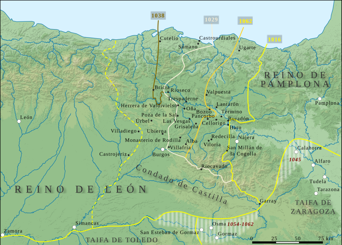 Mapa de los dominios occidentales del reino de Pamplona durante los siglos X y XI. Fuente Wikimedia Commons