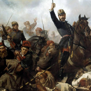 El general Prim i els Voluntaris Catalans conquereixen Tetuan. Representació de la Batalla de Tetuan, obra de Francesc Cabot (1865). Font Wikimedia Commons