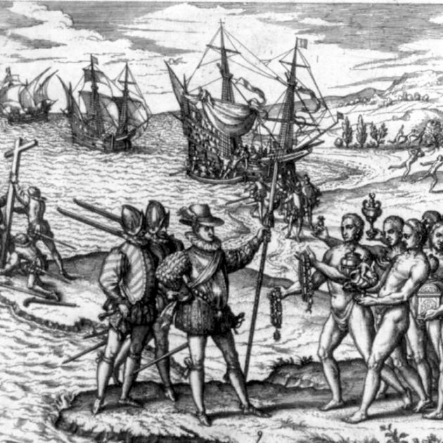 Columbus landing donde|dónde Hispaniola adj